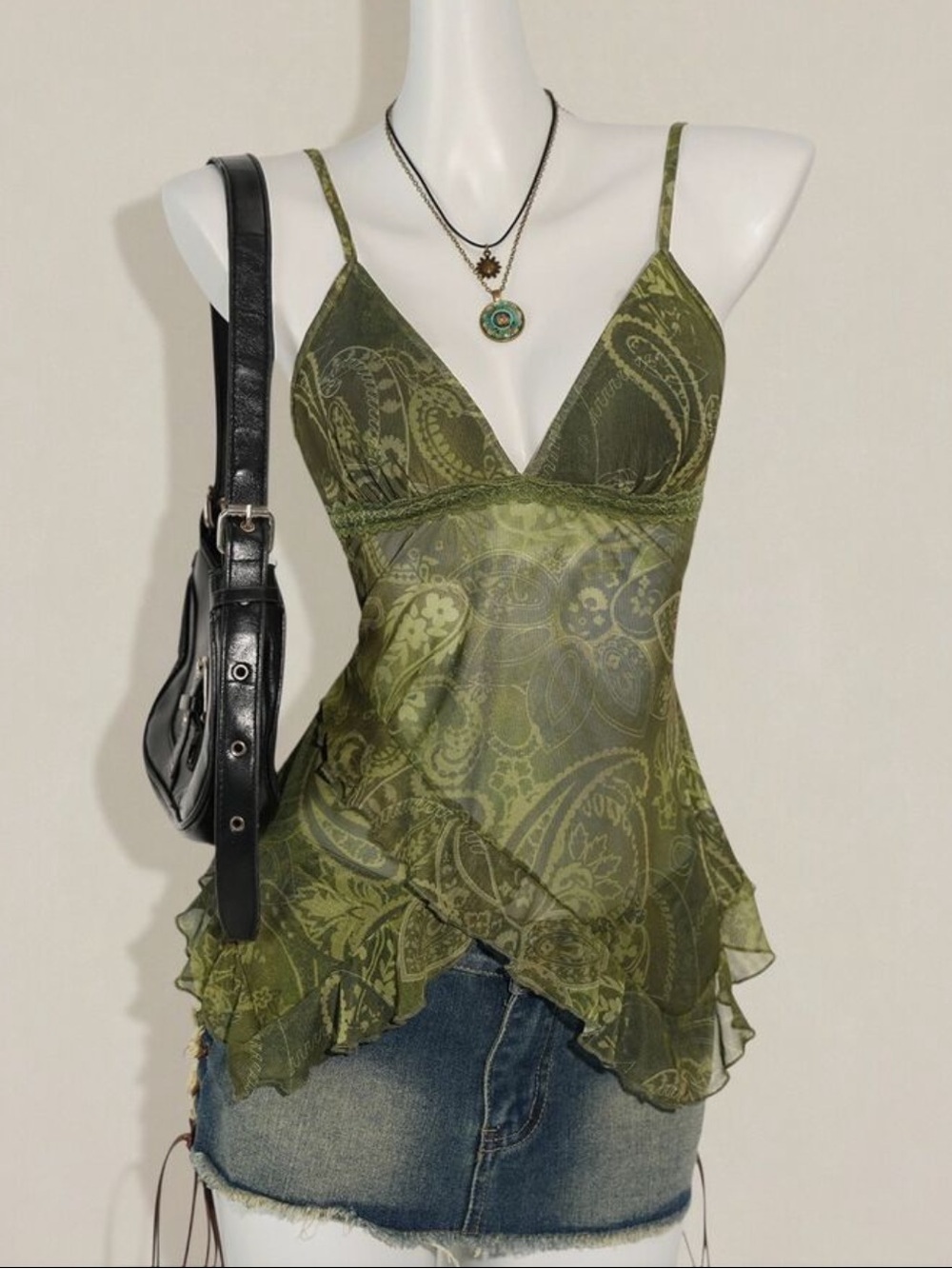 Army Green Paisley V-Neck Spaghetti Strap Top